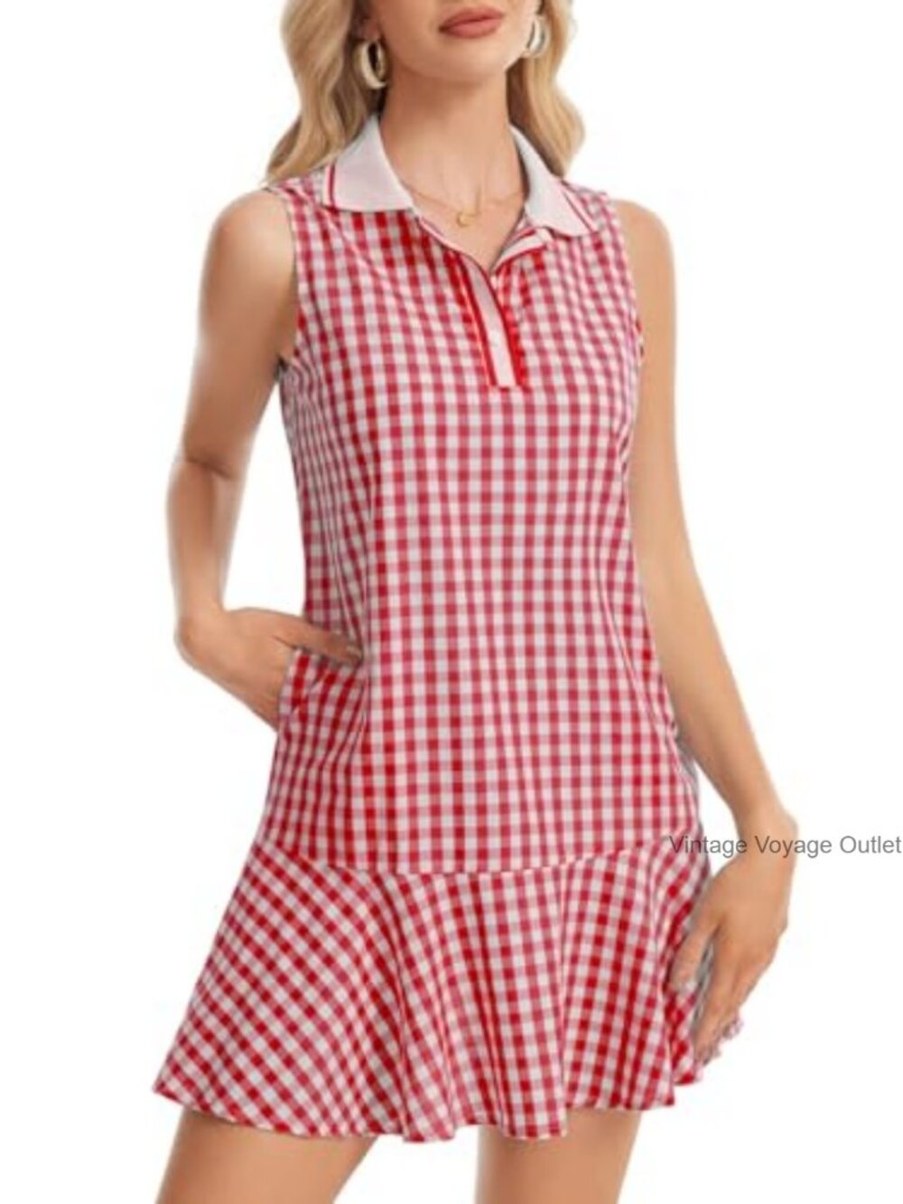 Women's Gingham Polo Dress V Neck Sleeveless Plaid Tennis Dress Ruffled Hem - Picture 5 of 7